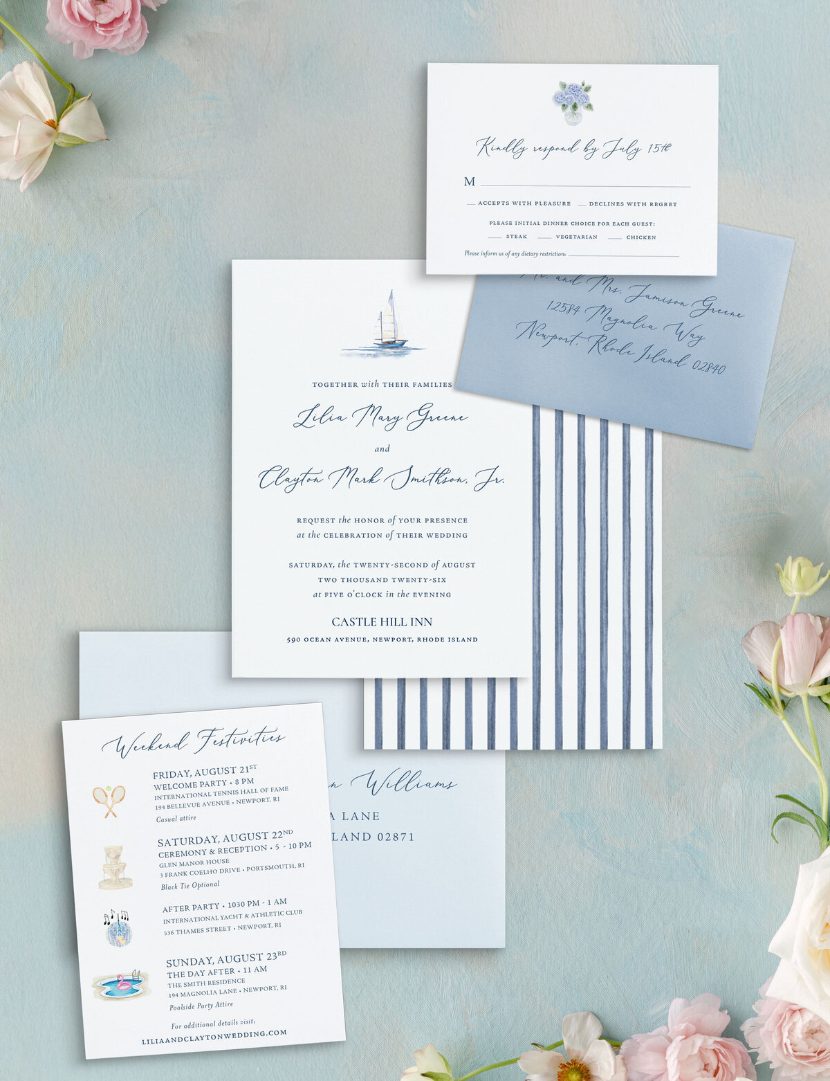 Newport Rhode Island invitation suite featuring envelope liner with watercolor art of newport bridge