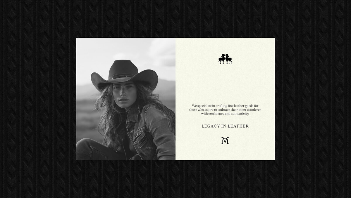 Western-inspired brand identity for fine leather goods featuring female model in cowboy hat and brand message on thank you card.