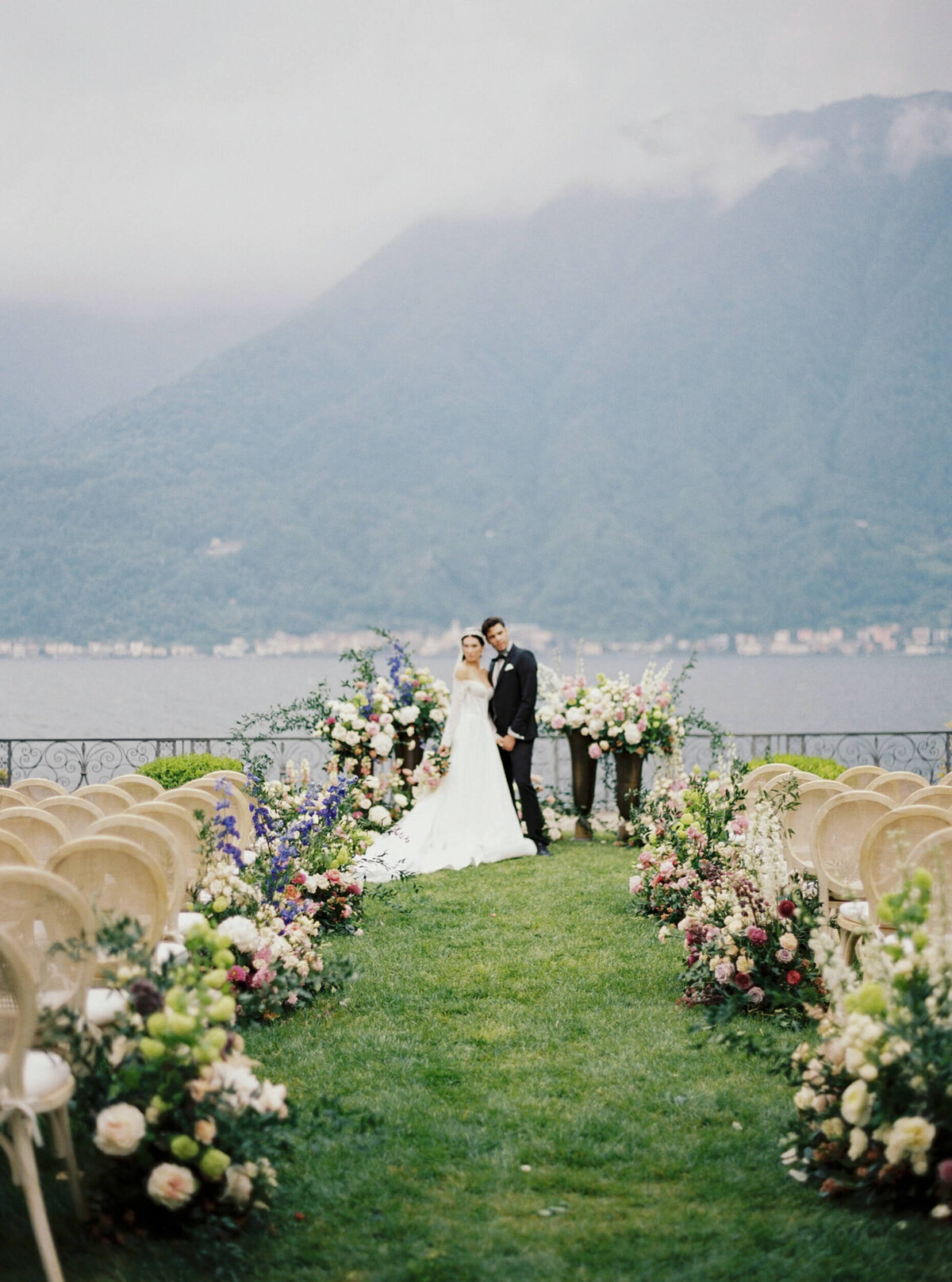 A wedding photo of the couple at Villa Balbiano on Lake Como in Italy