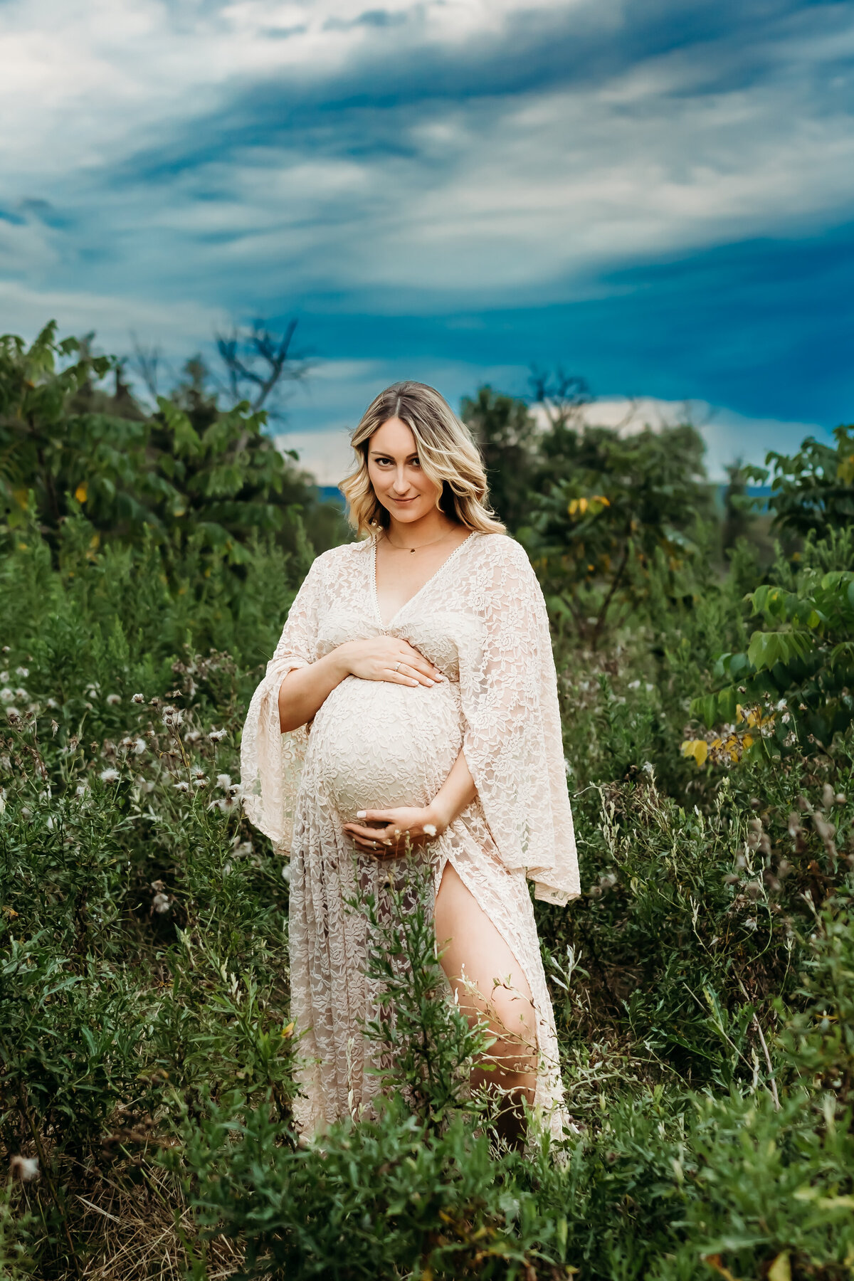 pregnant mother in lace gown at sunset by mechanicsburg pa maternity photographer