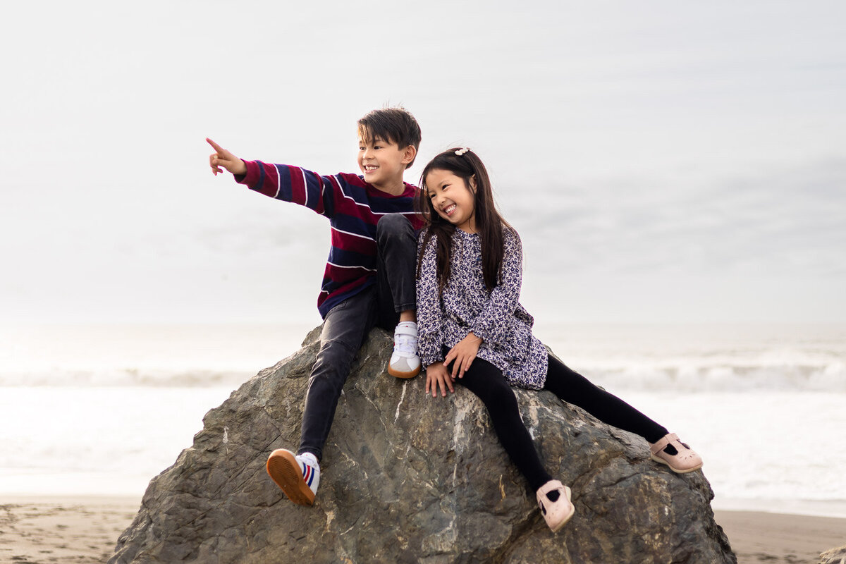 Brother and sister laughing together while sitting on a large rock at the oceanfront – Bay Area Family Portfolio – Ellobelle Photography