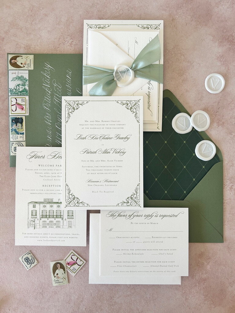Custom invitation suite with a custom venue illustration, wax seals, and silk ribbon by Lindsey Ellen Paper Co. for a wedding at Brennan's in New Orleans