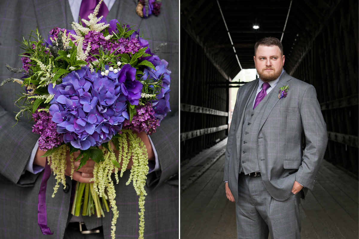 Portrait of the groom holding purple hydrangea bouquet in grey tux  by Susie Moreno Photography