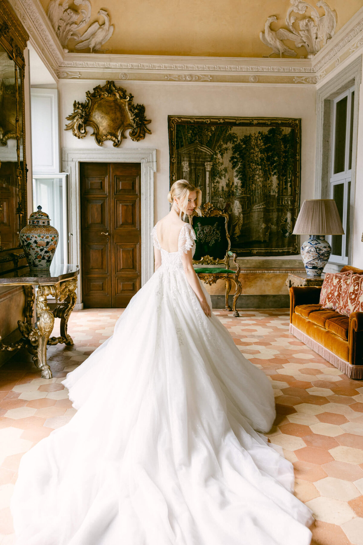 A wedding photo of a bride in her white wedding dress at Villa Balbiano on Lake Como in Italy