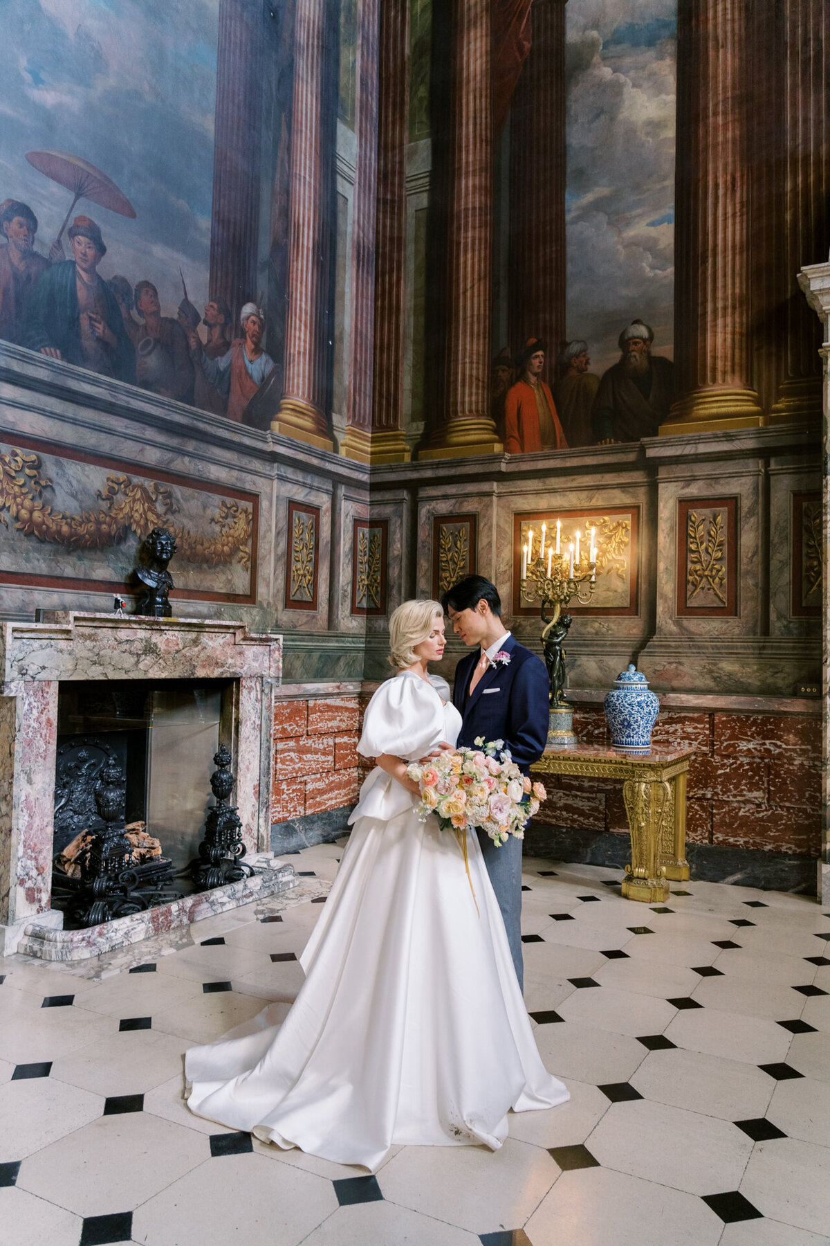 bride and groom portrait at Blenheim palace main room