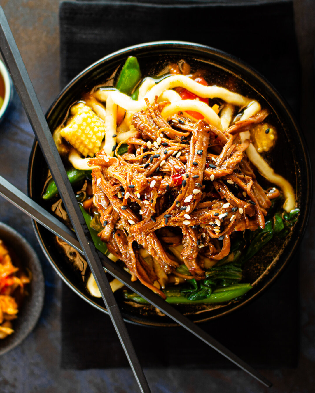 bowl of pulled Teriyaki beef with Udon noodles