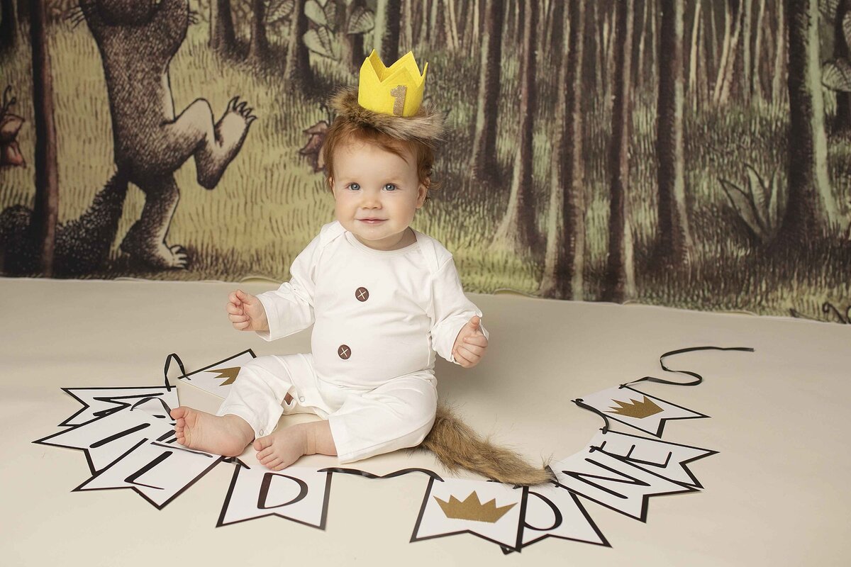 One-year-old redhead birthday boy in a Where the Wild Things Are themed setting, wearing a crown and looking joyful.