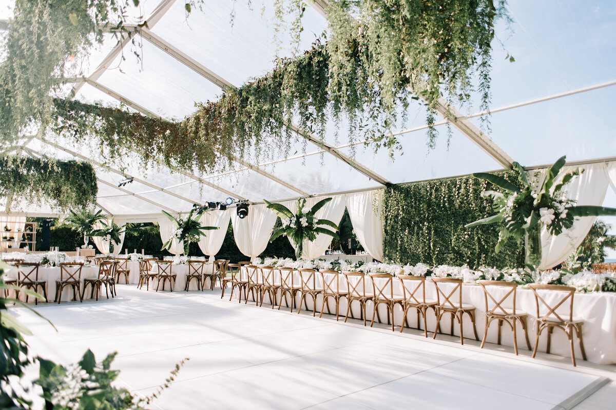 Stunning hanging florals and dancefloor  at luxury bahamas wedding