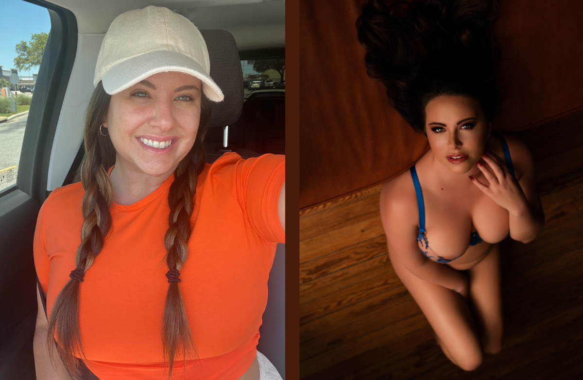 Before and after transformation showing hair and makeup from a BombShell Boudoir session