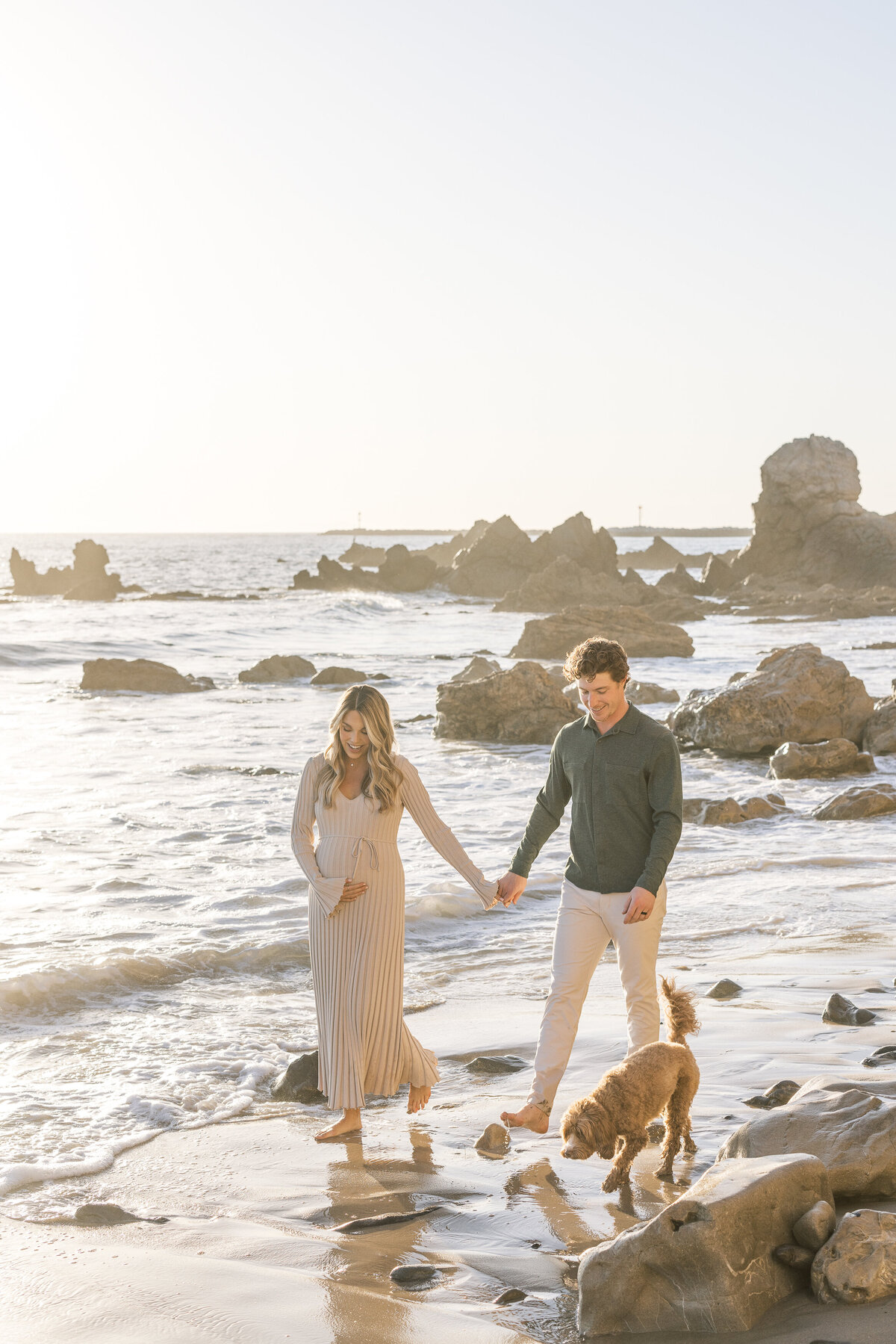 bright and airy newport beach maternity photo with dog