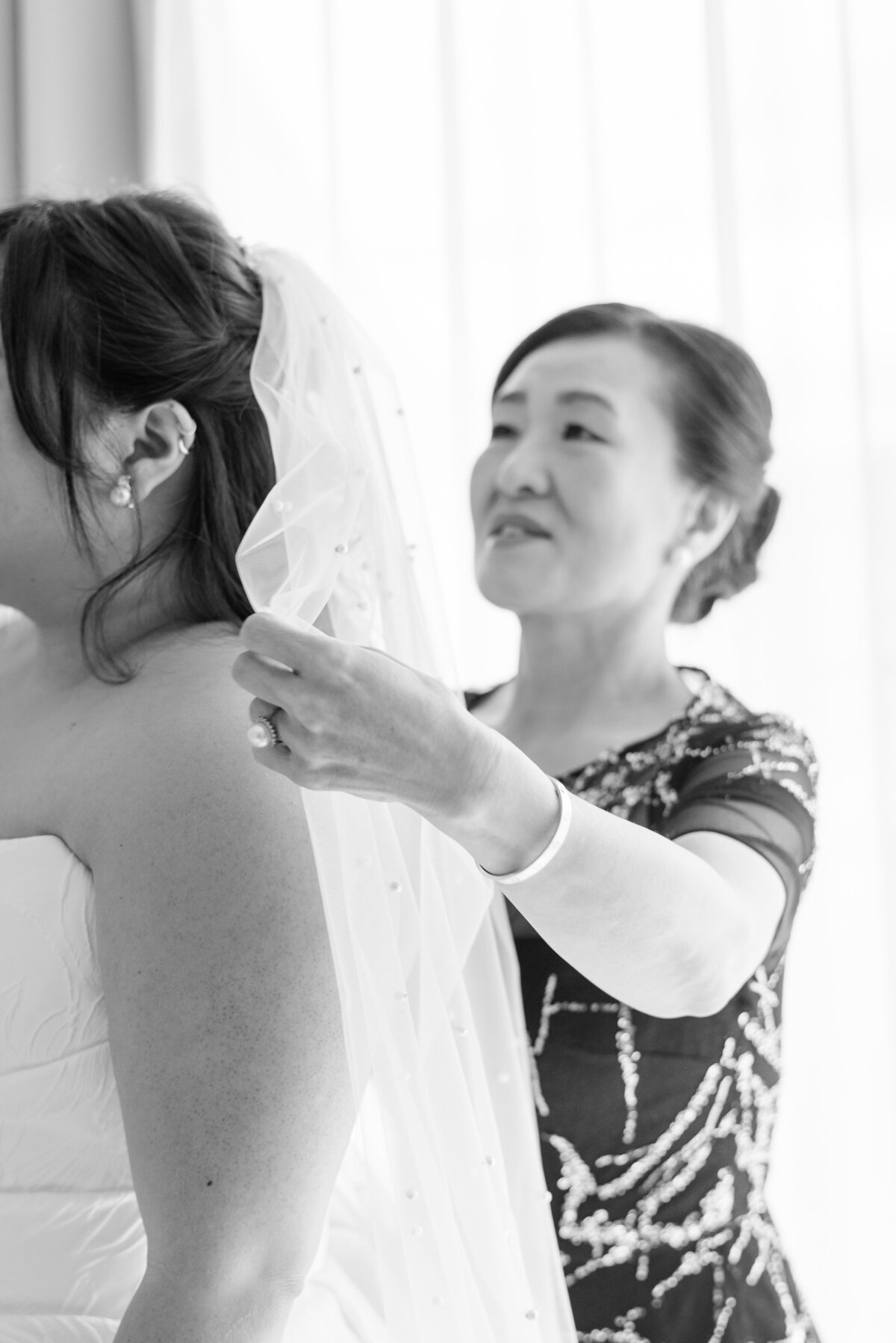 Mother of the bride positions in the Bride's veil 