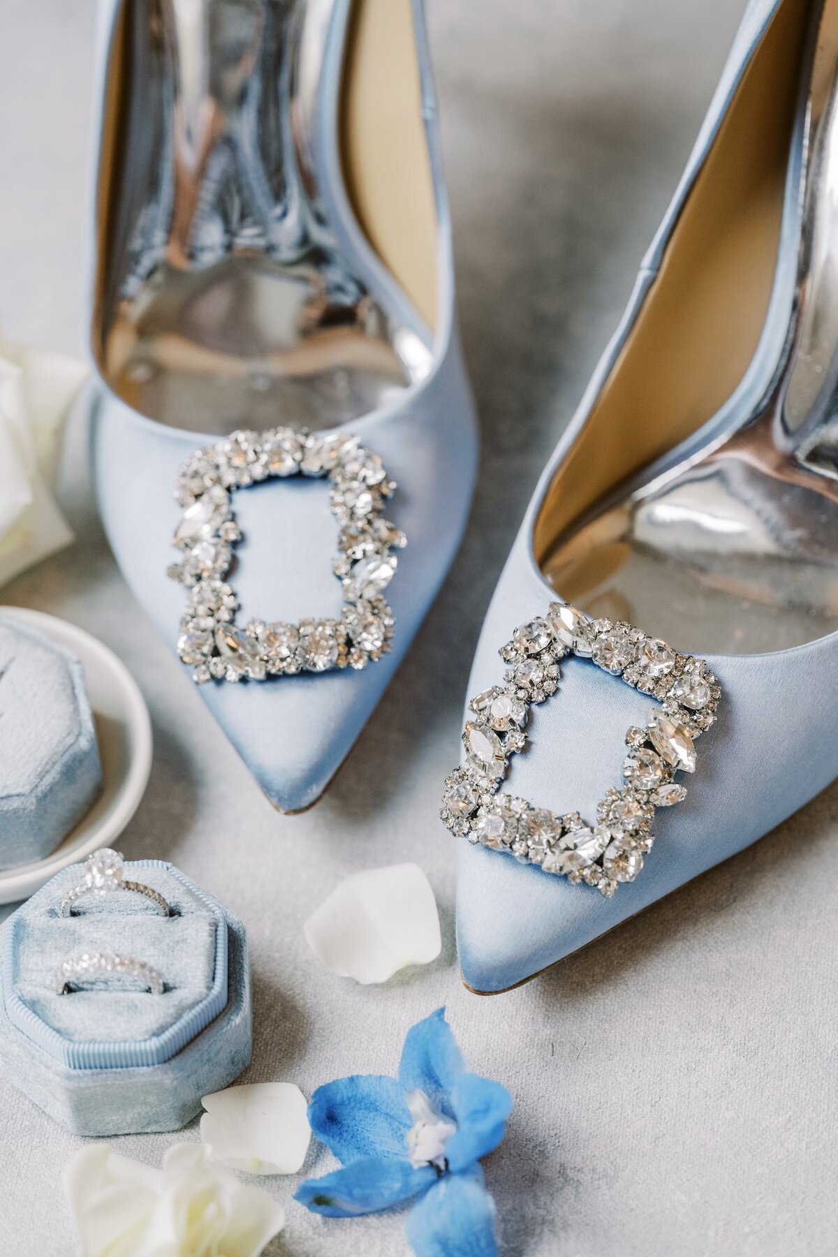 Brides light blue shoes and wedding rings