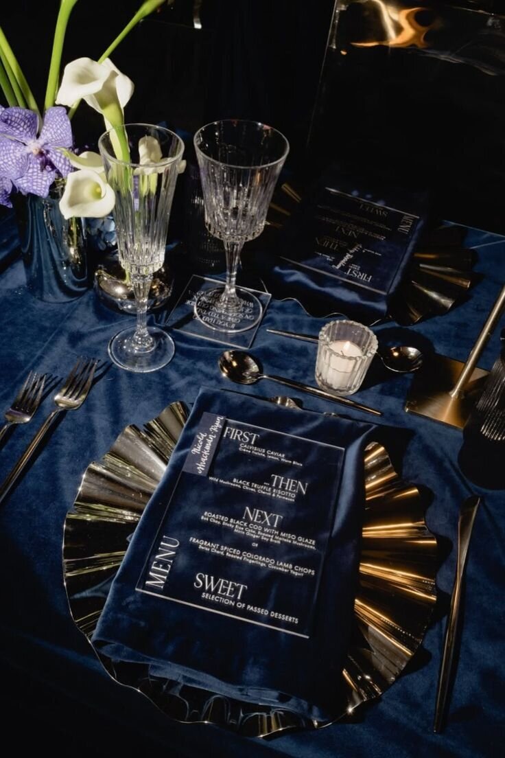 Midnight Blue Velvet Tablescape with Mirror & Crystal Details