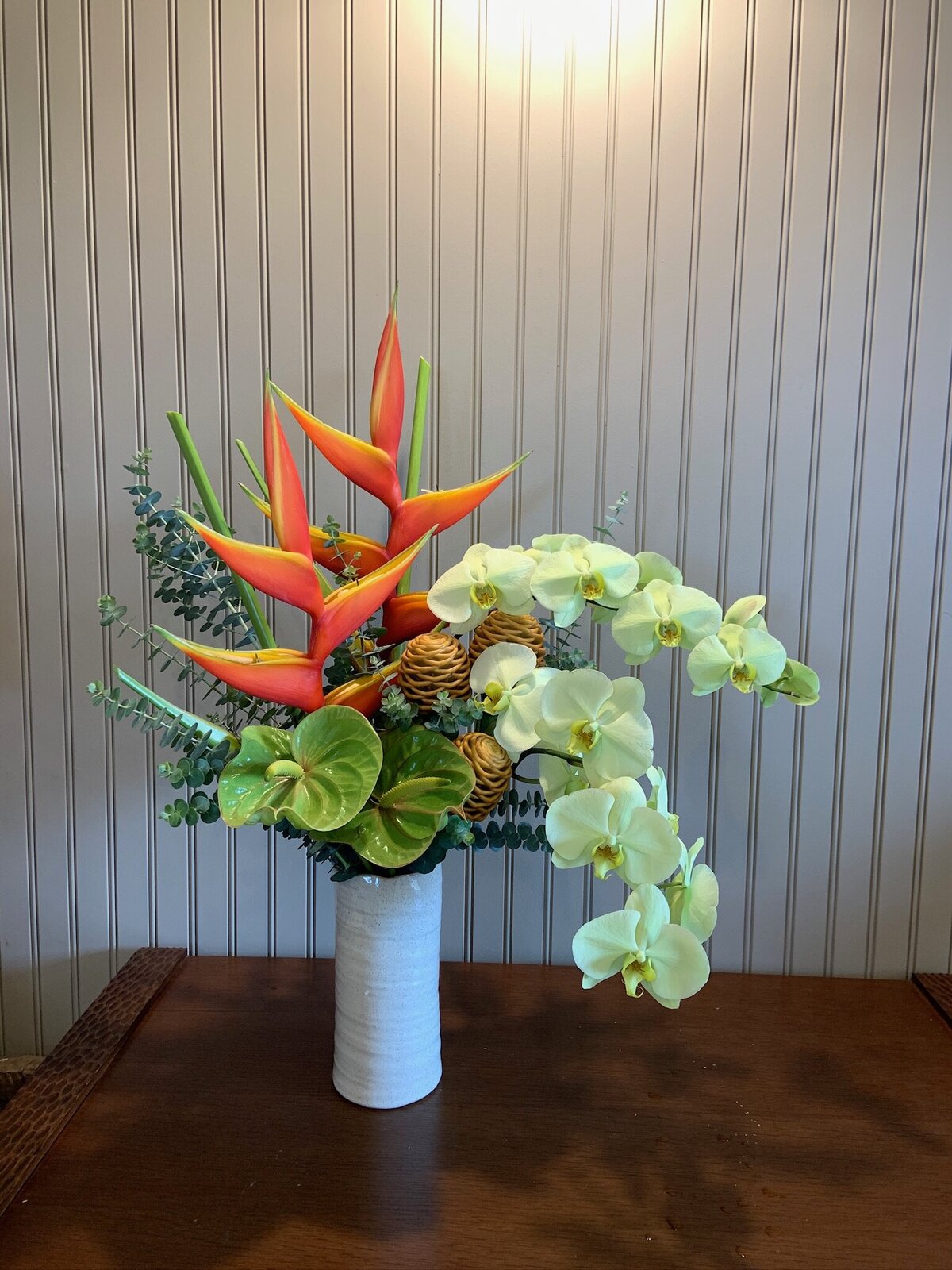 heliconia orchid anthurium tall arrangement