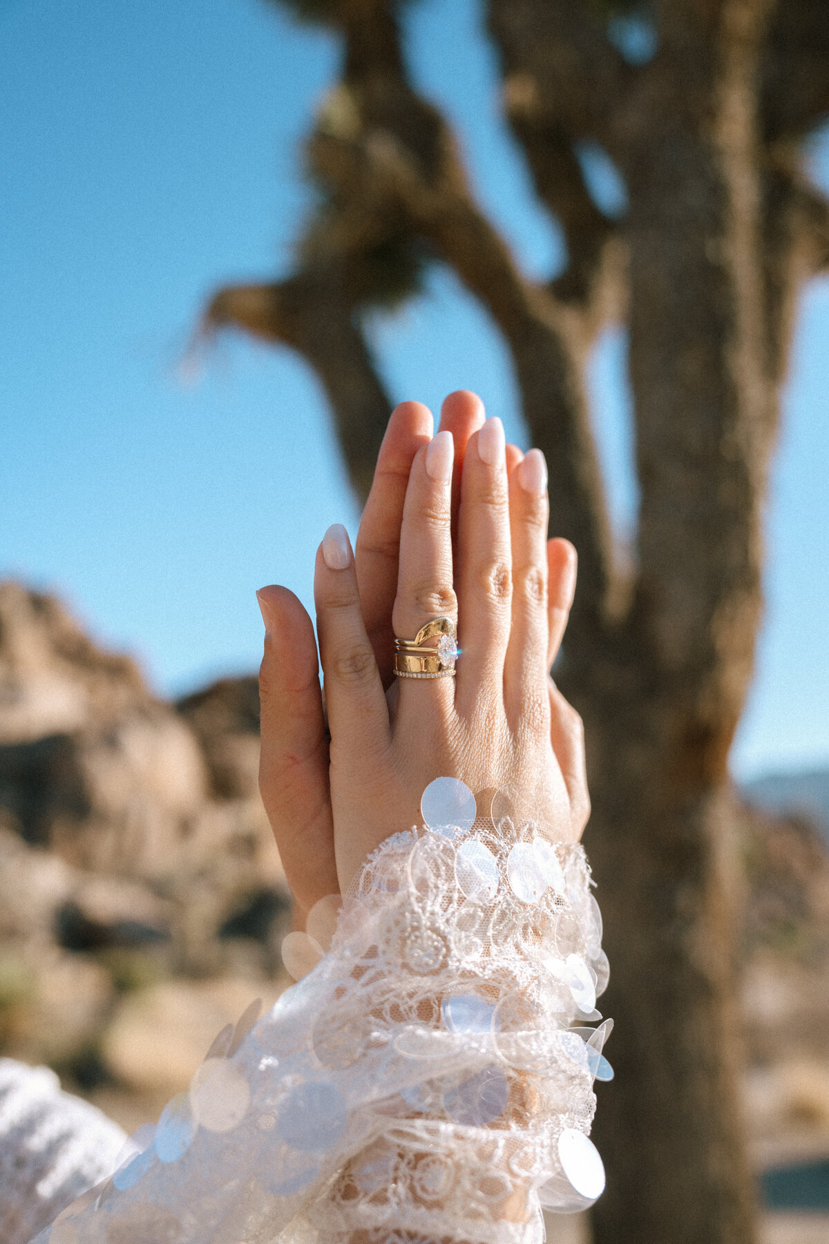 Joshua Tree Elopement Marrow Fine Engagement Ring Stack, Southern California Wedding & Elopement Photographer | Vivian Fox Photography