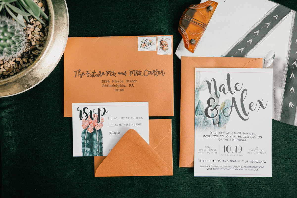 Invitation suite complimented the bride and groom's taco fiesta wedding theme.