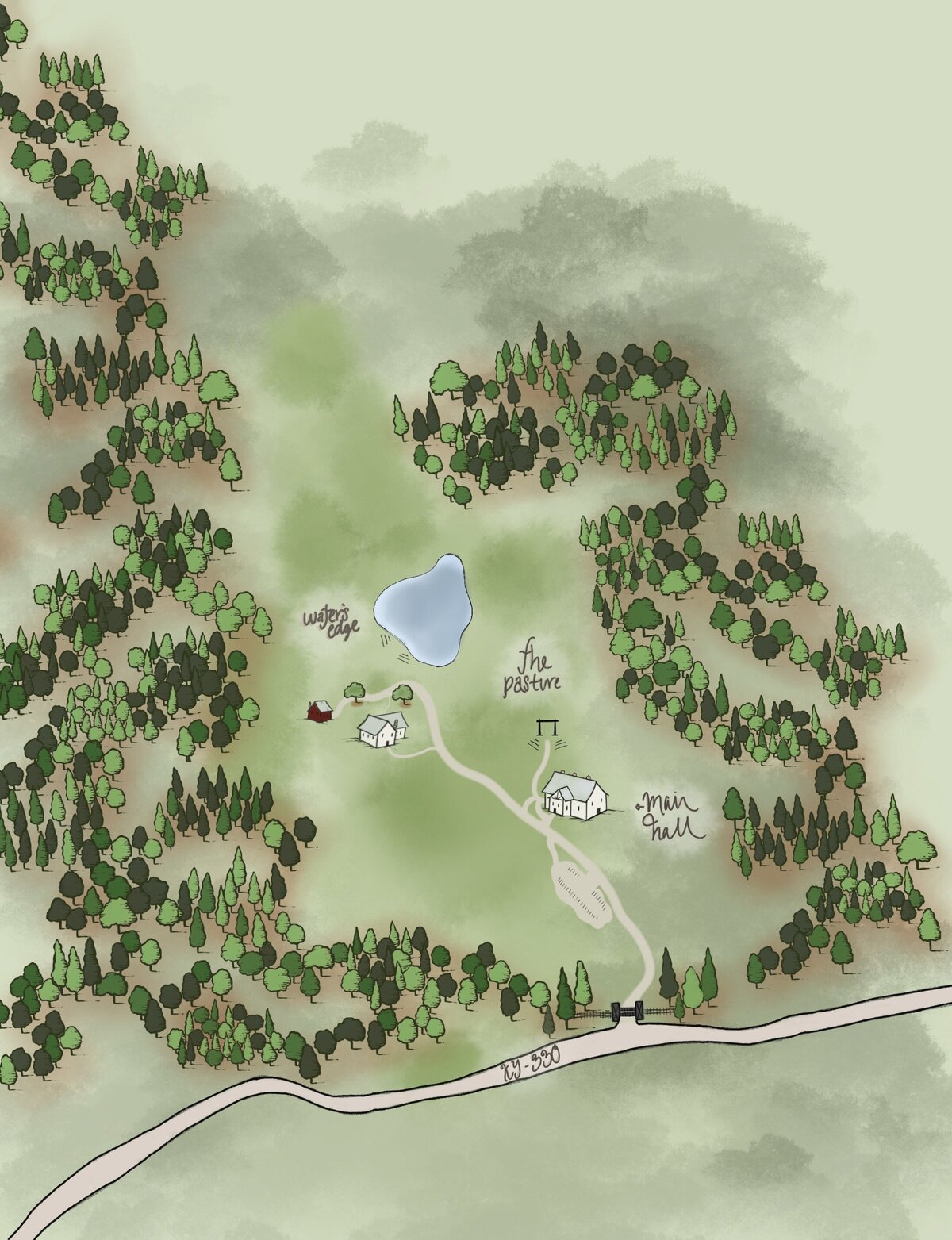 Willstone Acres illustrated property map of outdoor ceremony sites and reception hall