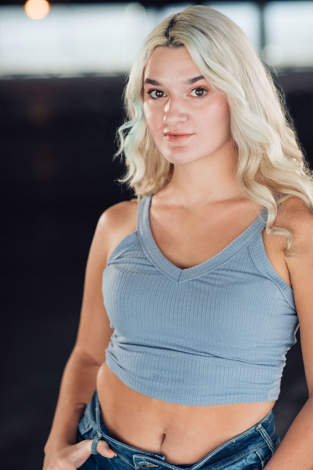 Headshot Photograph Of Young Woman In Light Blue Crop Top Los Angeles