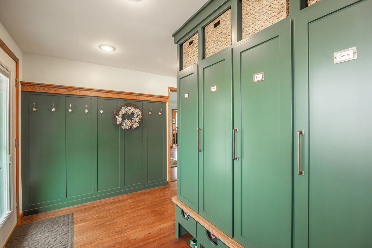 green mudroom design for Clover & Oak