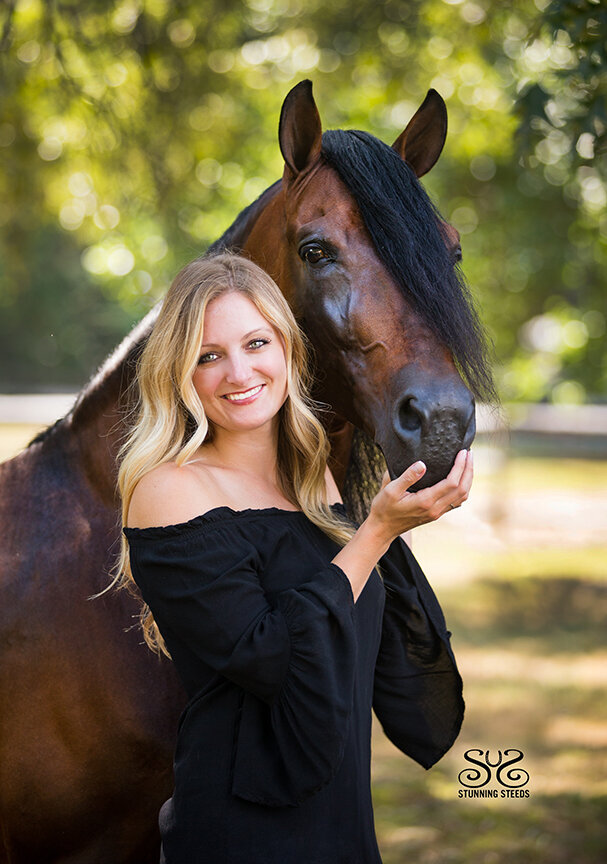 blonde woman with horse portrait
