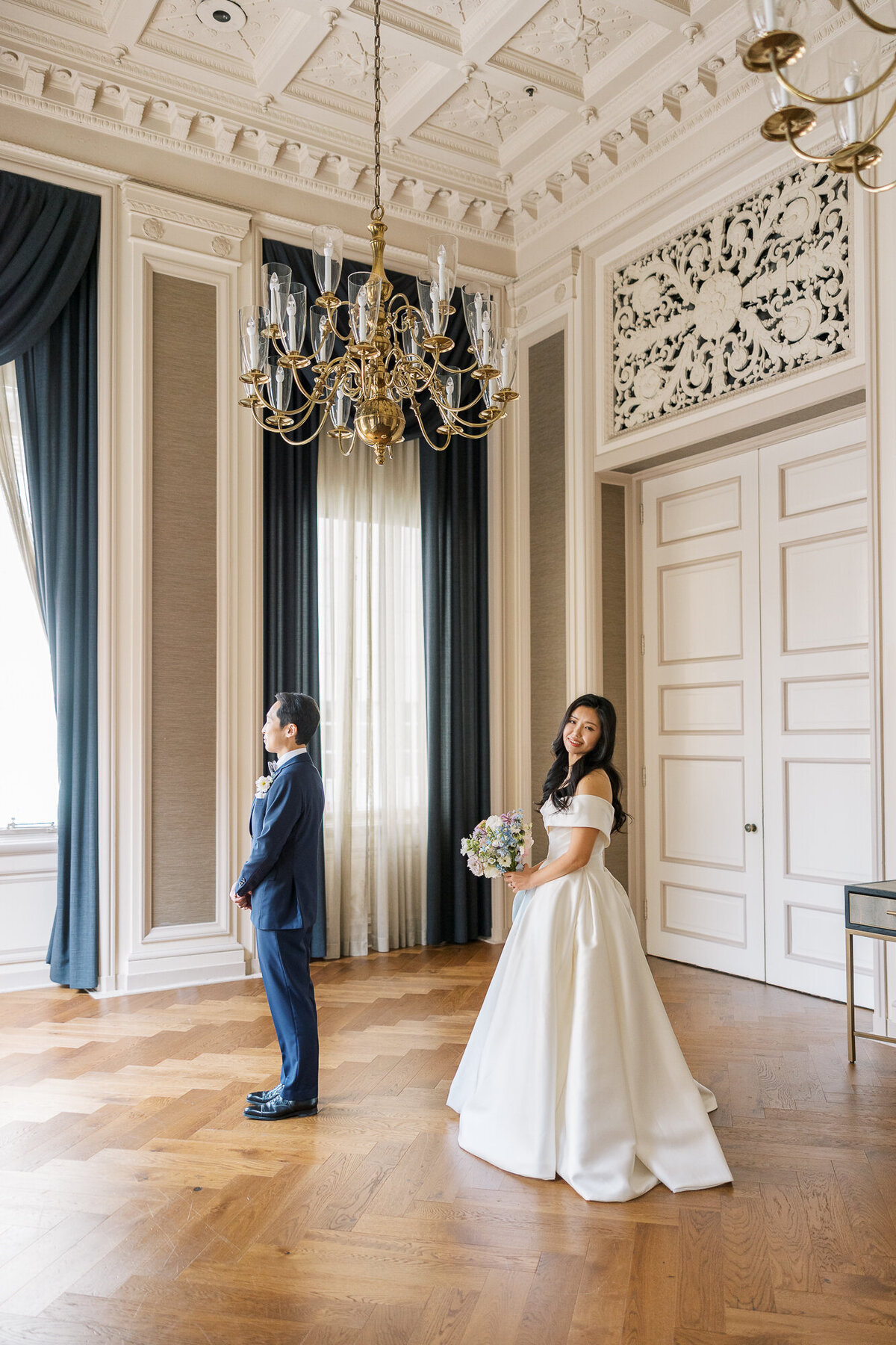 Bride and groom await first look at Beacon Grand wedding