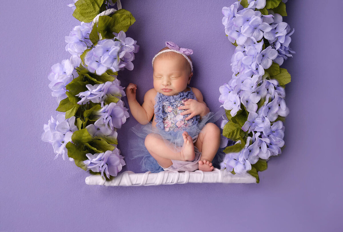 Baby sleeping on a swing with purple floral vines at photo session in Greater Toronto area