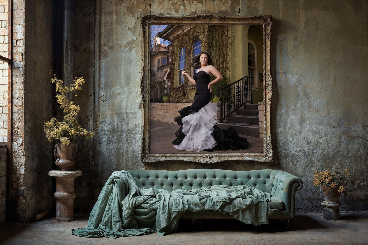 A senior girl in a red sequin dress poses with her horse in a barn, captured by a Dallas senior photographer.