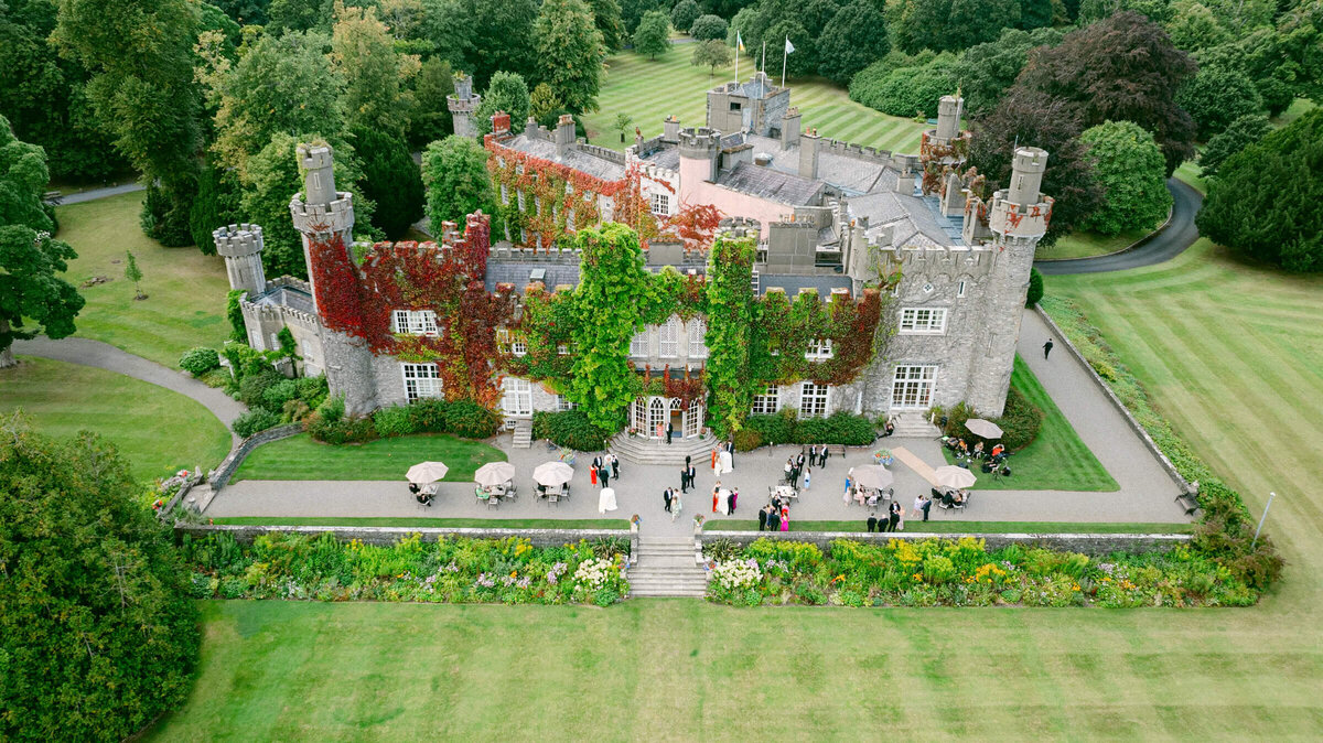 A wedding aerial drone photo of the wedding venue luttrellstown Castle