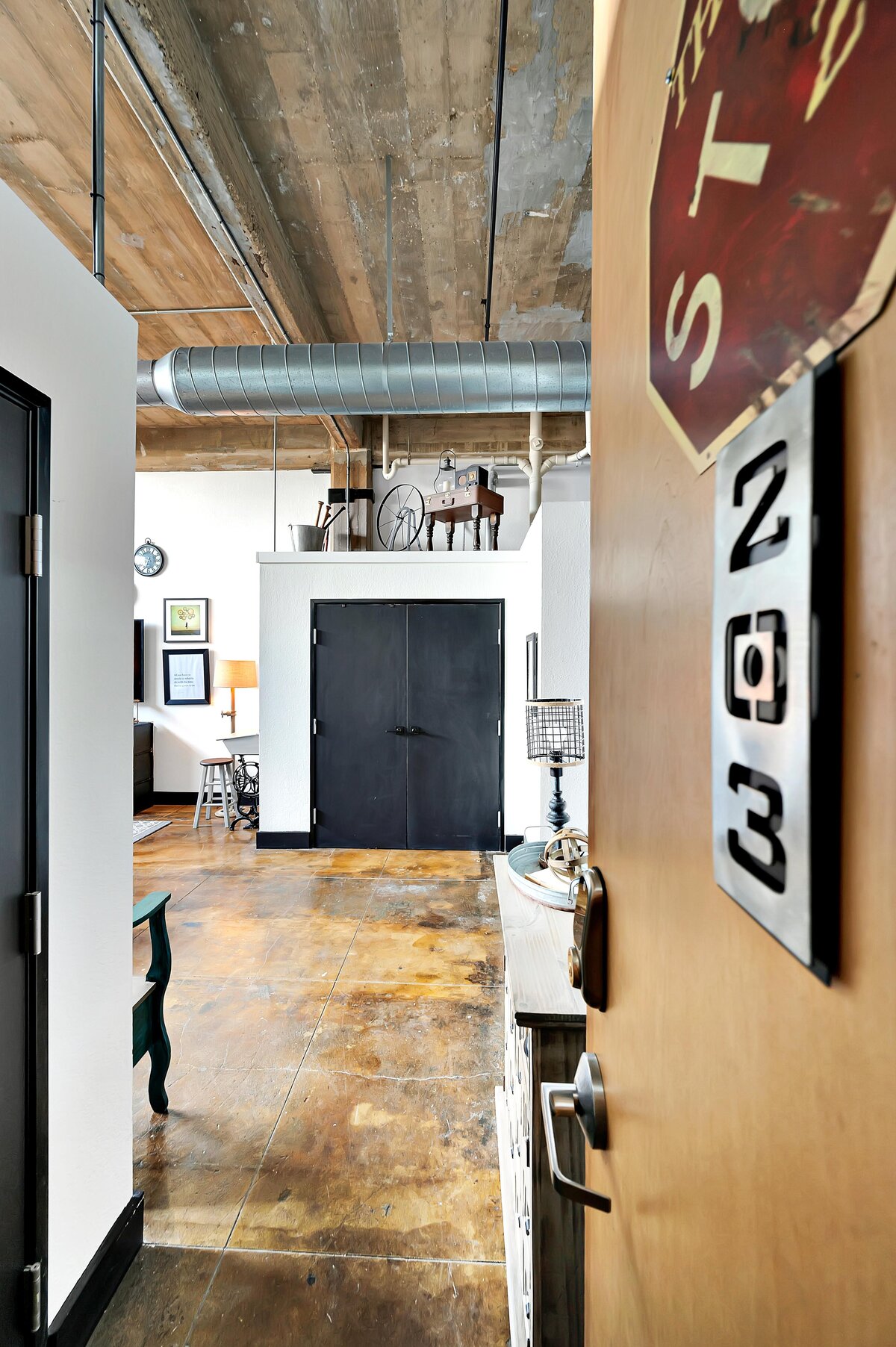 Entrance to this two-bedroom, two-bathroom vacation rental condo in the historic Behrens building in the heart of the Magnolia Silo District in downtown Waco, TX.