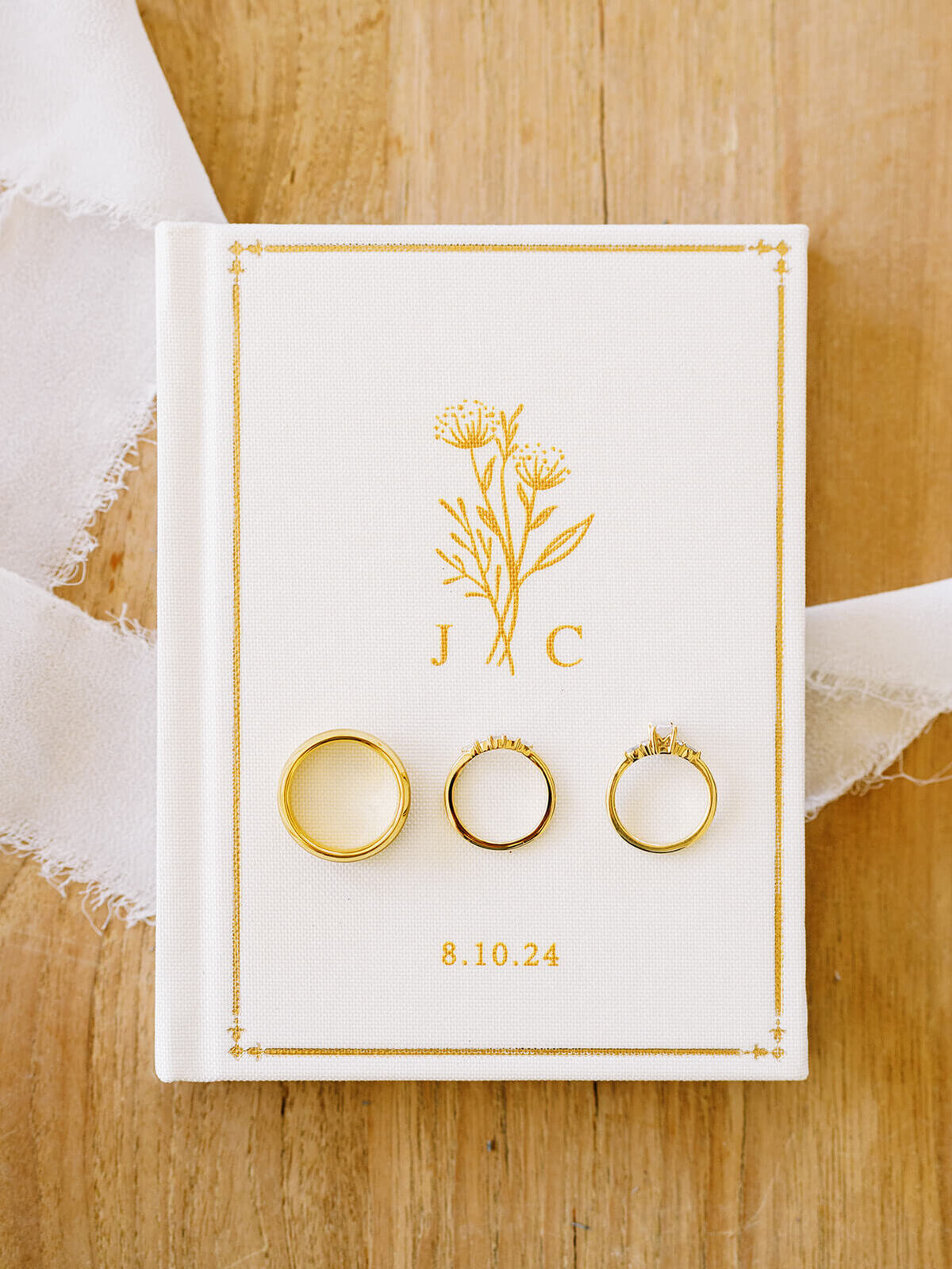  A wedding vows book with wedding rings on top.