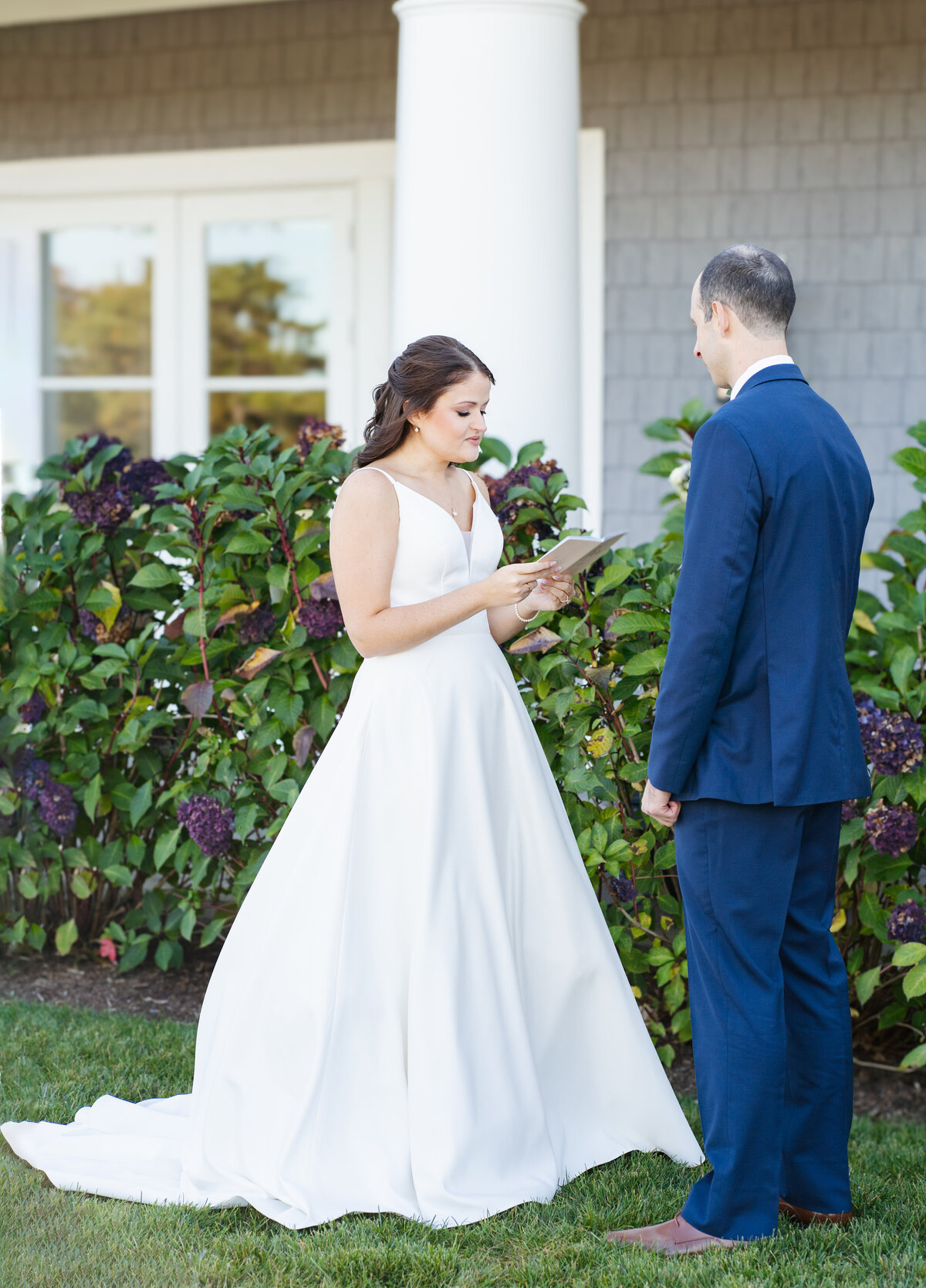 First look between bride and groom at Waverly Oaks