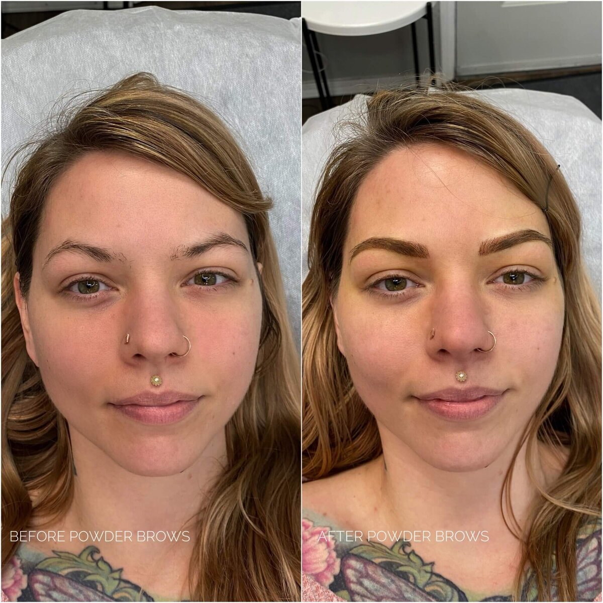 Side by side before and after of powder eyebrows tattoo service.