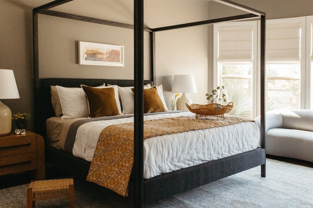Bright bedroom designed by Hope Miriam Designs in DFW