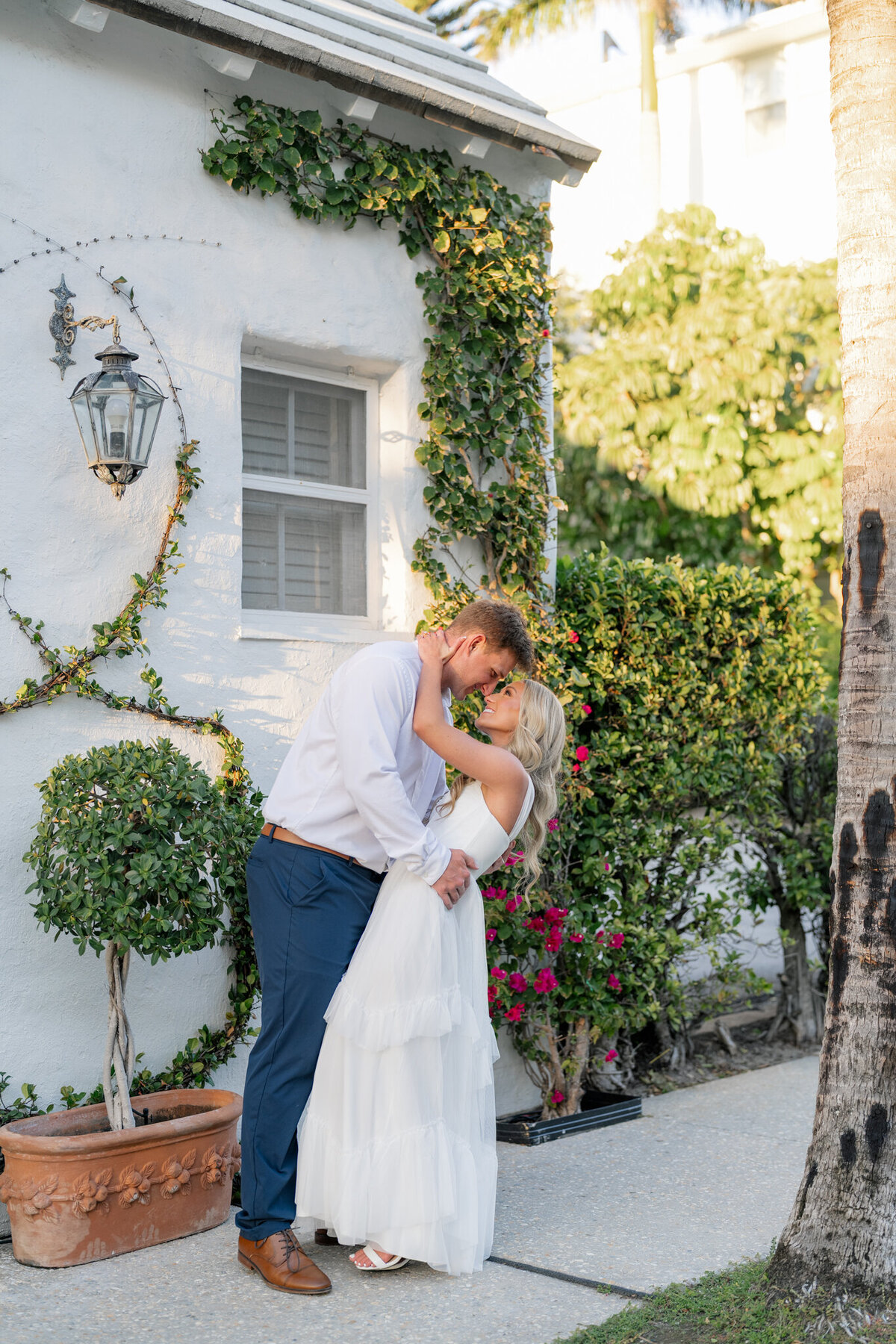 Couple dipping and smiling at one another