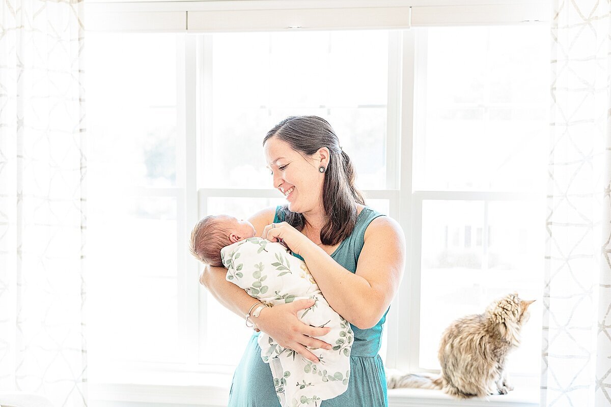 mom holds baby near window with cat behind her dung in-home newborn photo session with Sara Sniderman Photography in metro west Boston  Massachusetts