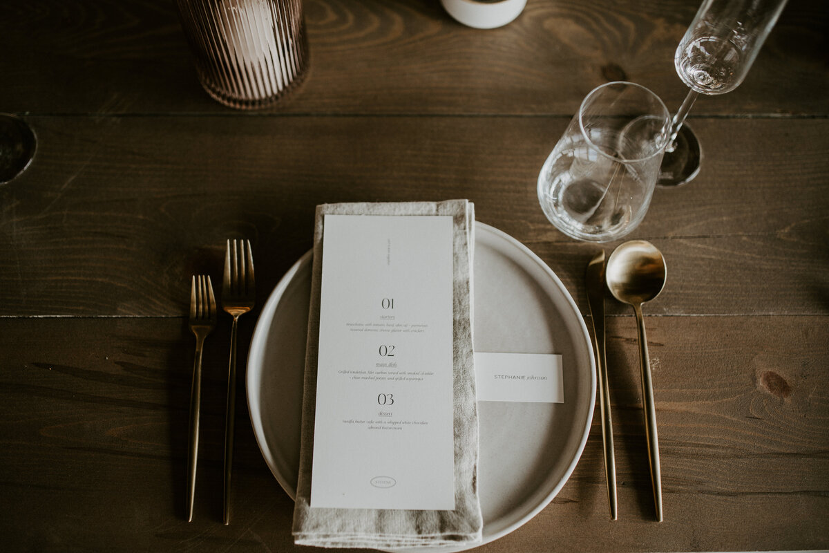 White dinner menu with black font atop a white linen napkin and white plate set on wooden table with silverware and glassware.