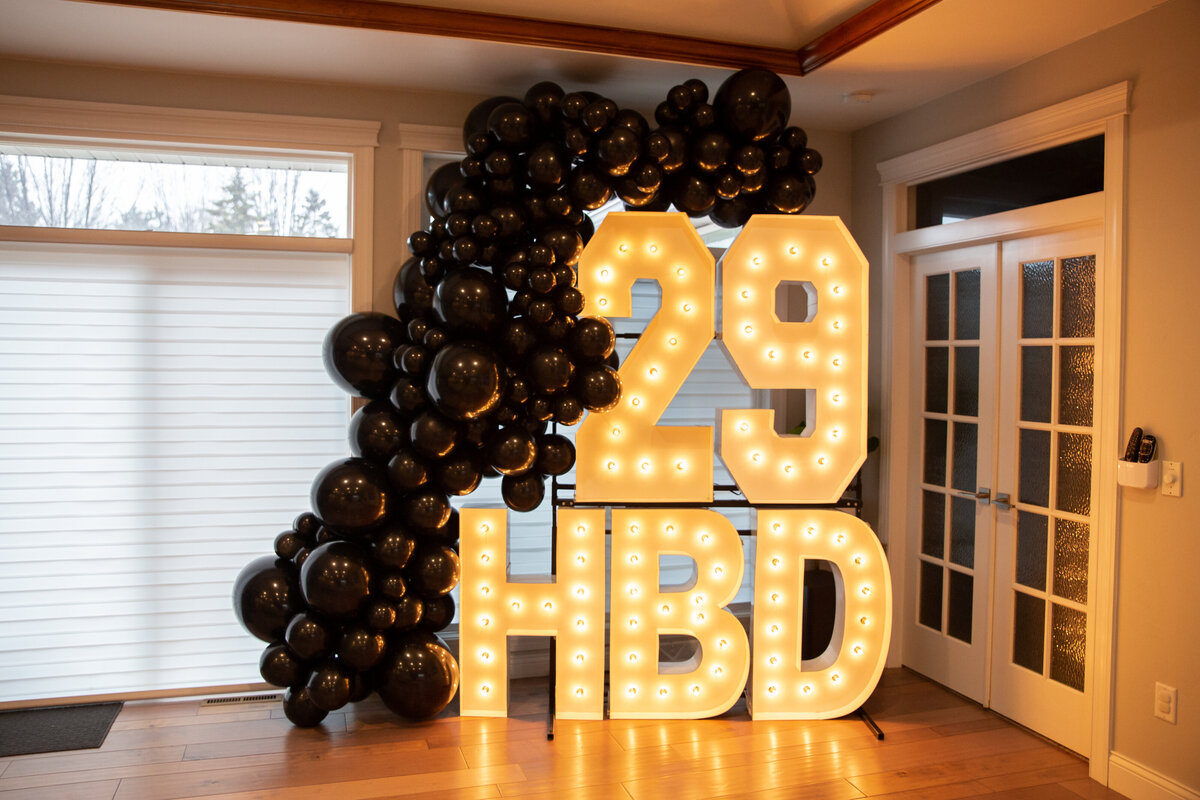 Black balloon display for a 29th birthday party