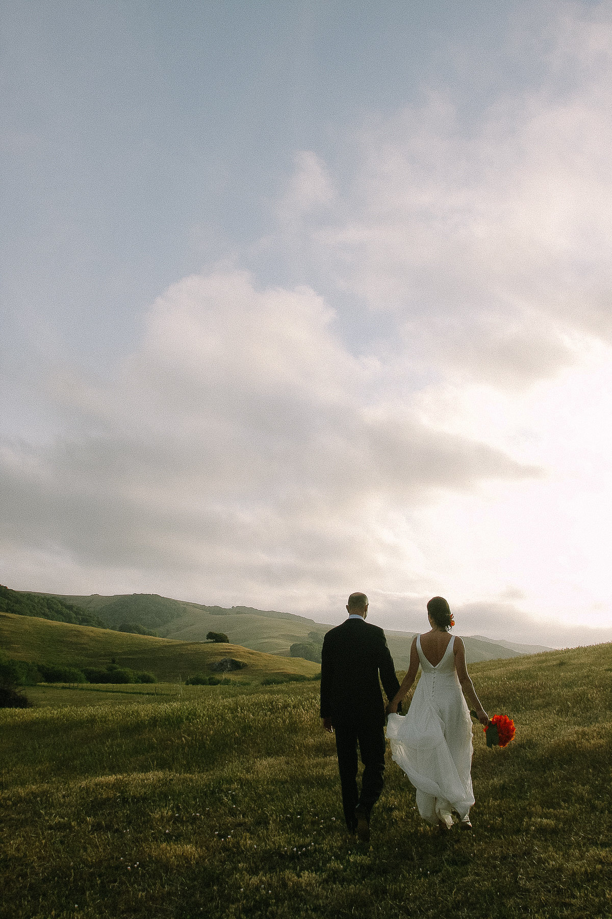A newly married couple walking on a hilltop at Chileno Valley Ranch.