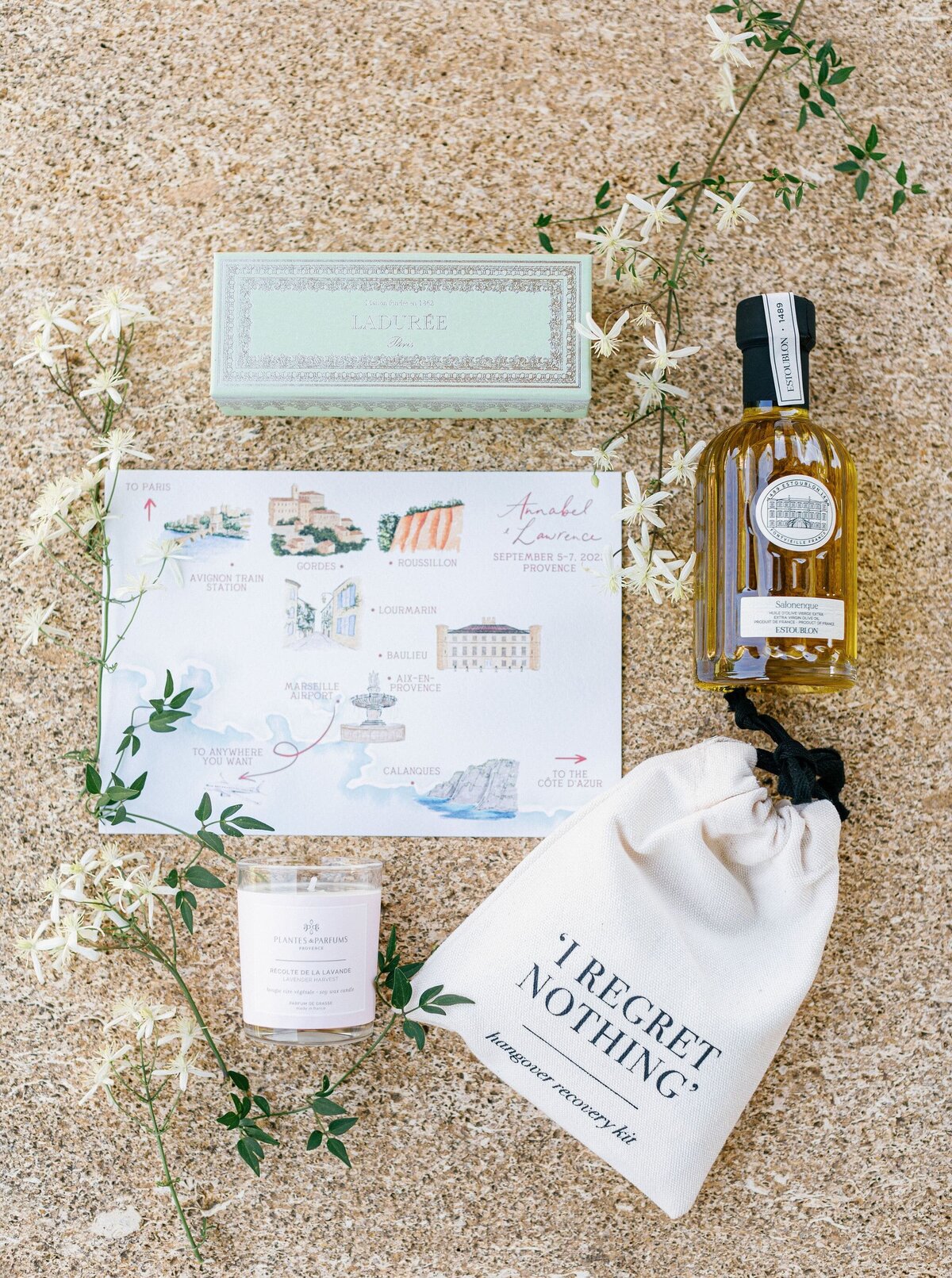 weding-welcome-basket-items-macaroons-olive-oil-candle