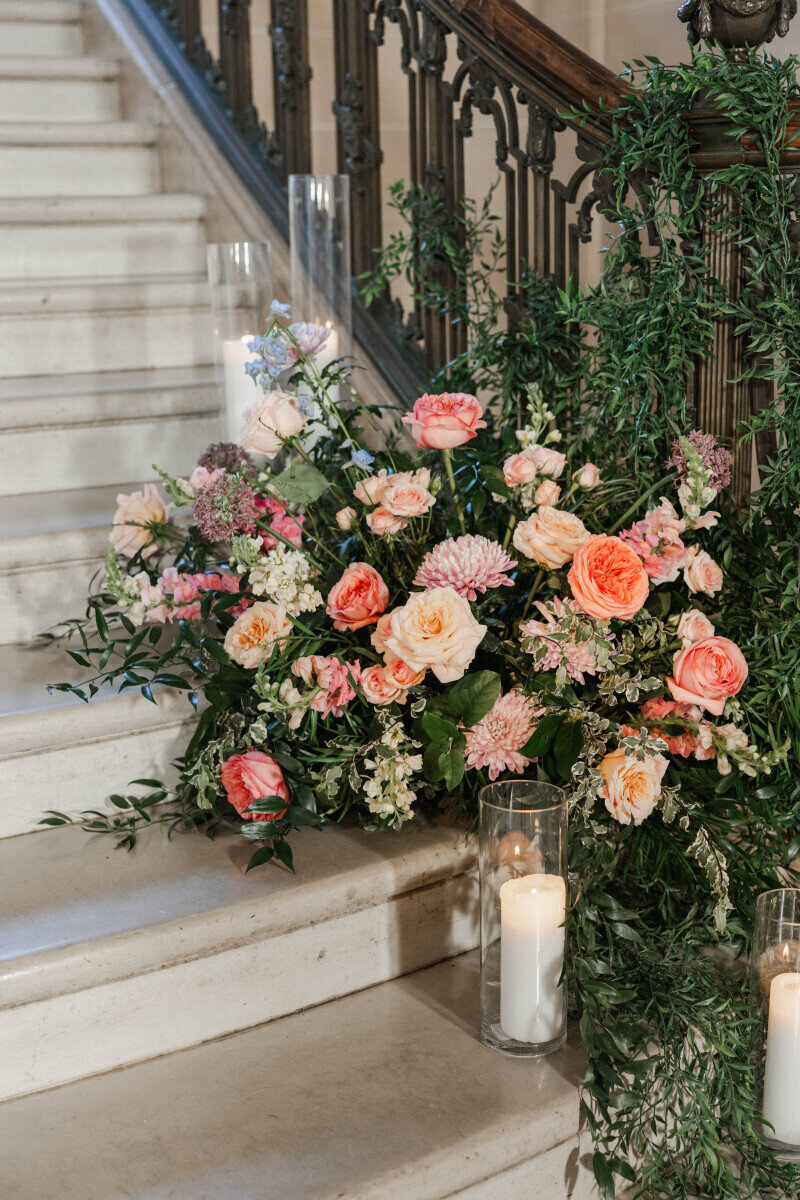 peach pink greenery rose wedding flowers
