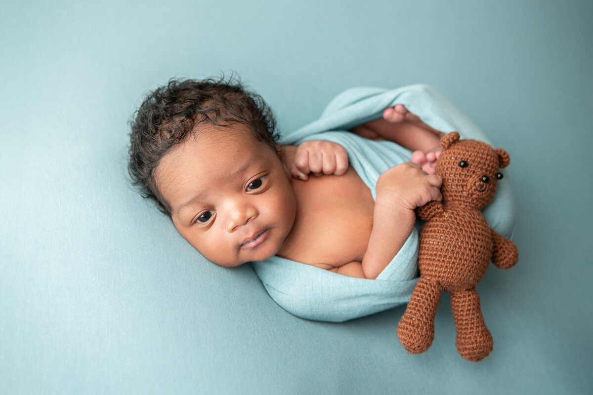 Awake newborn studio table pose on a blue backdrop holding a brown teddy bear