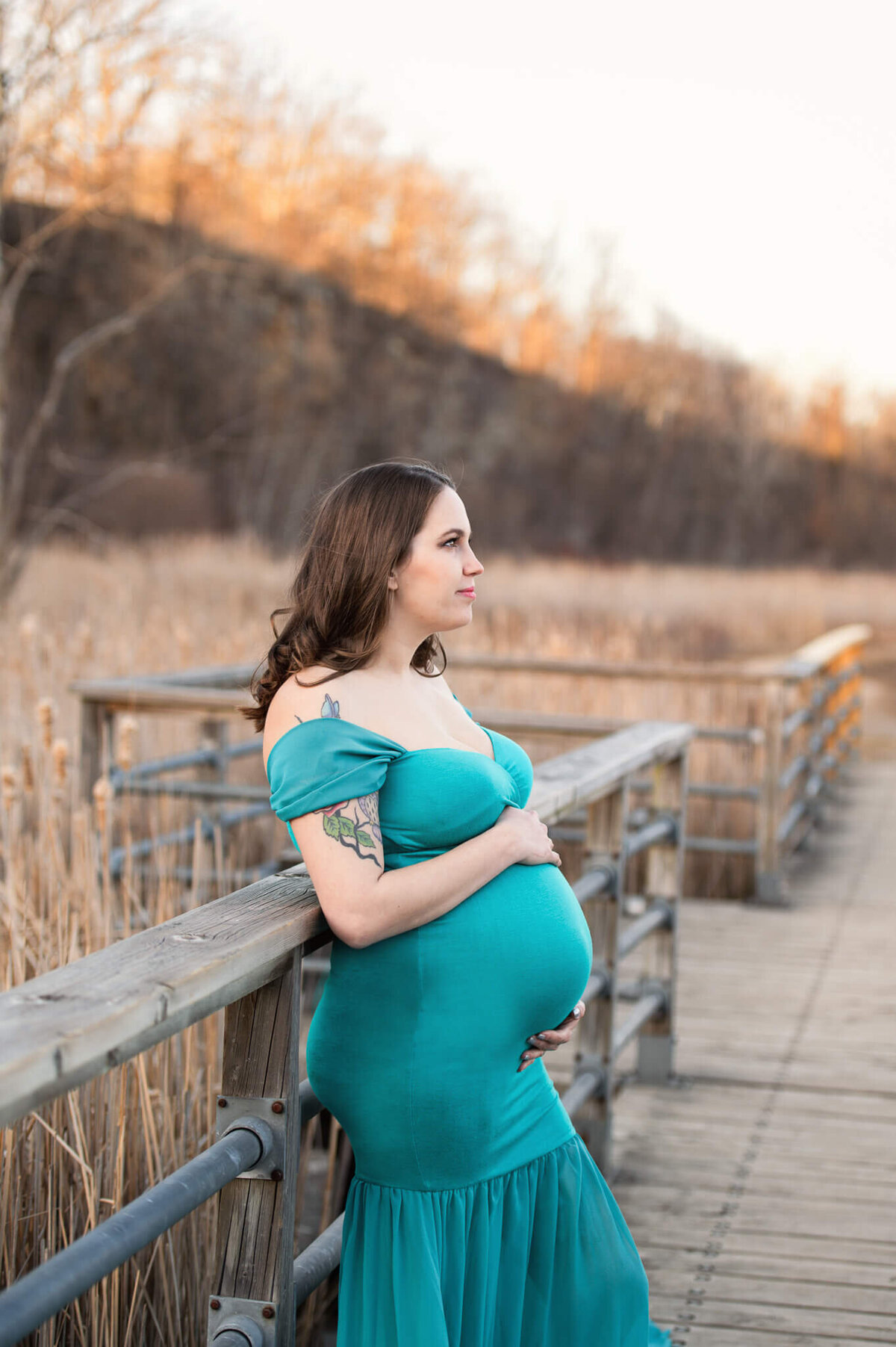 Toronto Maternity Photographer photo of lovely mom in a blue gown for her outdoor session at Kerncliff Park.