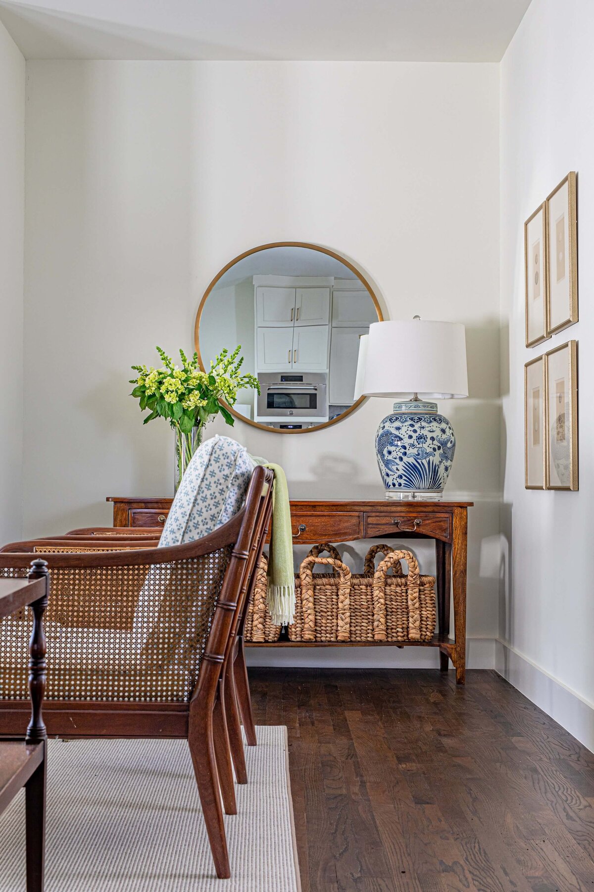 oyster creek studios highland park home accent table with round mirror and oriental lamp