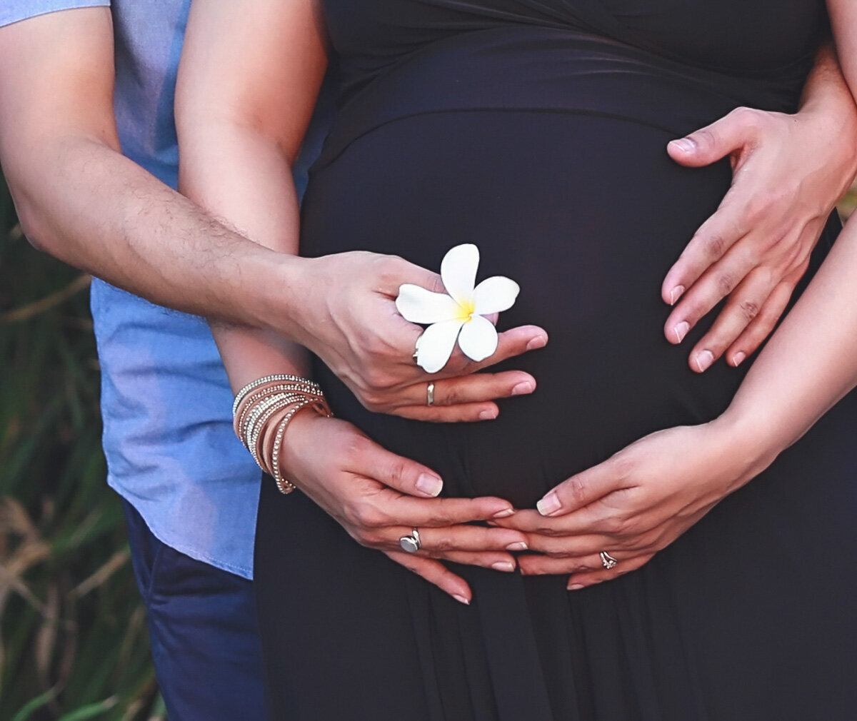 Hands holding a white flower by pregnant tummy.