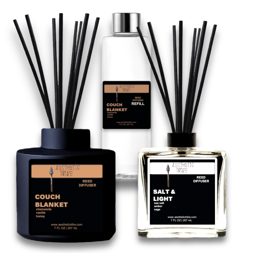 7 oz Black Glass Bottle with Reeds $20 7 oz Clear Glass Square Bottle with Reeds $15 7 oz Reed Diffuser Refill Bottle with Reeds $12