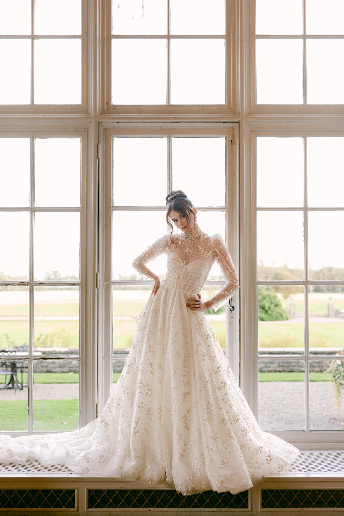 A wedding day portrait of the bride in her white wedding dress at Luttrellstown Castle