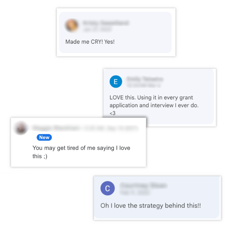 Photo of four testimonial screenshots.  "Made me CRY! Yes!" "LOVE this. Using it in every grant application and interview I ever do." "You may get tired of me saying I love this [smiley face]." "Oh I love the strategy behind this!!"