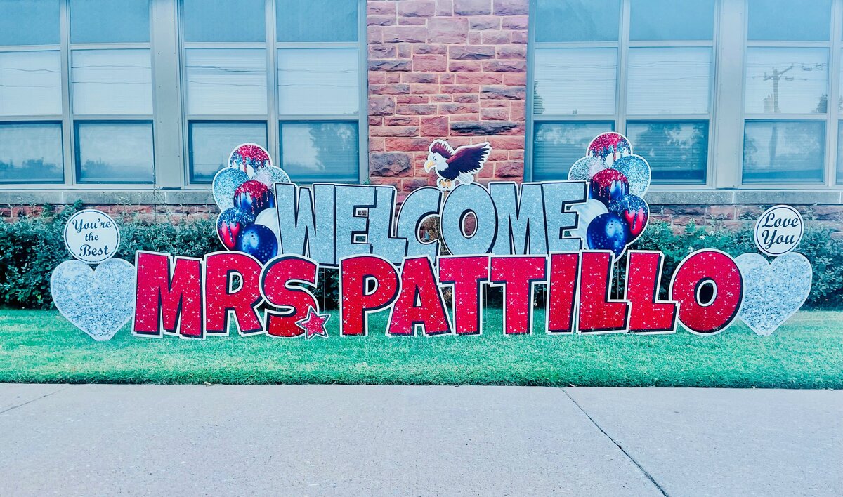 Welcome Mrs. Pattillo, sign setup for local school. Simply Sign It is a yard greeting sign rental company servicing Edmond, NW OKC, Piedmont, and Deer Creek.