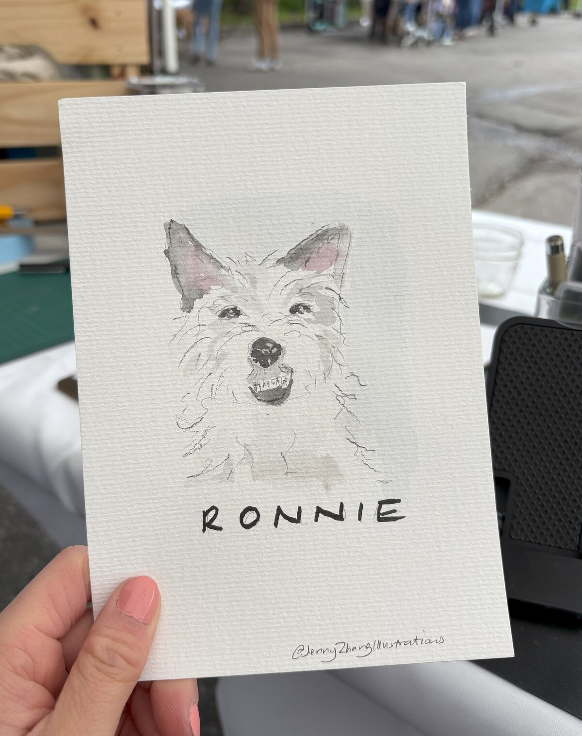Dog portrait painted live at a luxury store brand activation by Toronto live artist Jenny Zhang