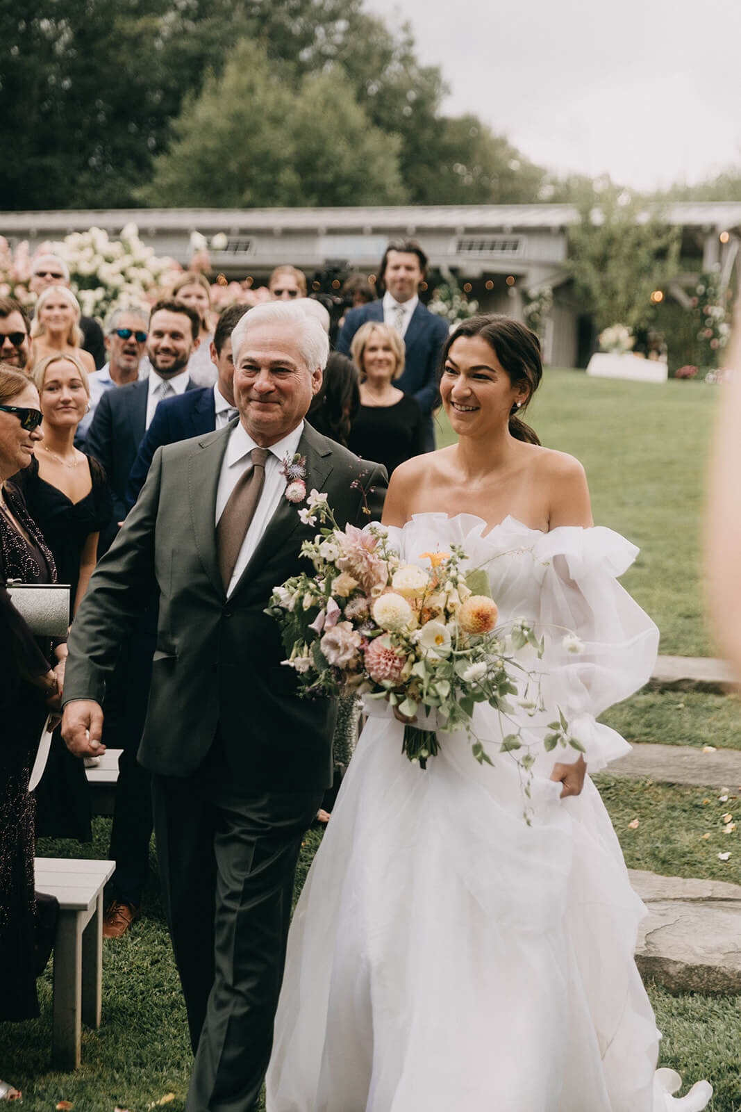 27.father-walking-bride-down-aisle-white-dress-colorful-bridal-bouquet